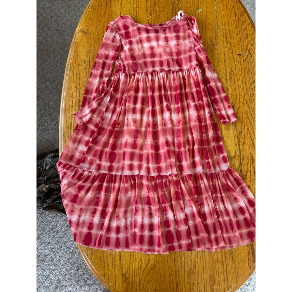 Chenault Girl Kids Red Pink Tie Dye Mesh Tiered Long Sleeve Dress Size 6